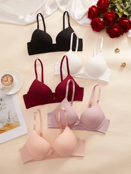 1 3 5Pcs Pure and Simple Everyday Solid Bra Push up Sexy Bras Ribbed Fabric with Unlined Sweet Women's Underwear 1