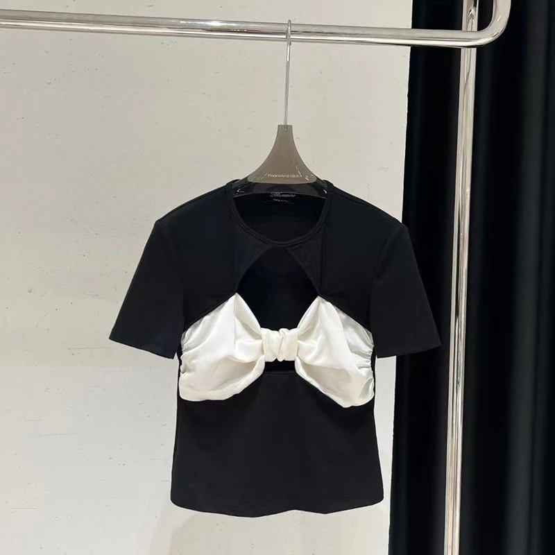 

2024 summer new sexy cut-out body shirt color combination three-dimensional bow women's blouse high quality bottoming shirt y2k