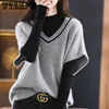 WTEMPO Women's Short Sleeve Knitted Vest Spring Fall Contrast V Neck Pullovers Jumper Loose Casual Ladies Gilet Sweater 3