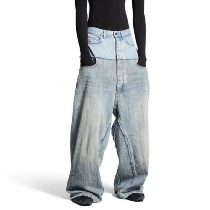 HKSH Spring Autumn New Men's Tide Punk Ripped Denim Pants Women's Spliced Double Layer Waist Baggy Jeans Streetwear Chic  HK3747 6