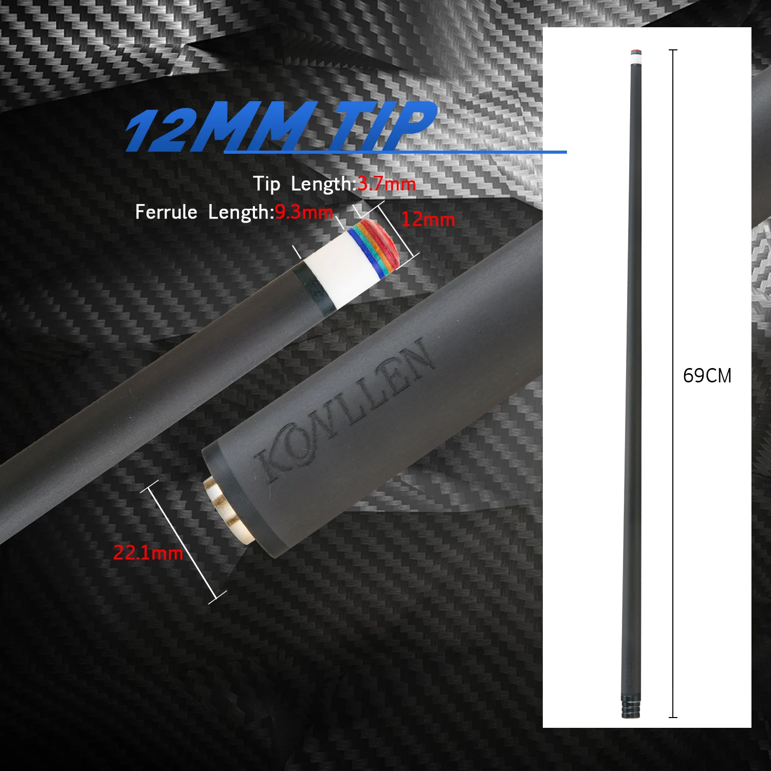 KONLLEN-Carbon Fiber Billiard Cue Stick Shaft, 3 Cushions, Carom/Libre Cue Stick, Uni-Loc, Radial, 3/8x8 Pin Joint, Single Shaft