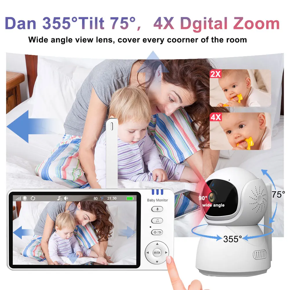 5''IPS Screen Video Baby Monitor Pan-Tilt-Zoom Camera Electronic Babysitter 2-Way Talk Night Vision Temperature lullaby SD Card video baby monitor