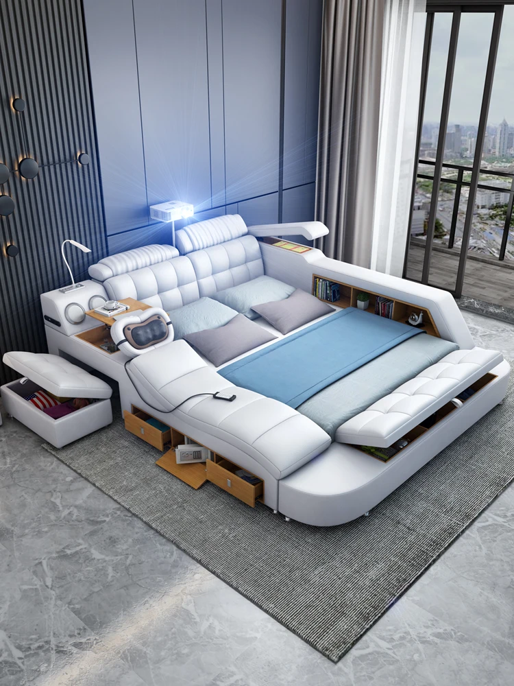 

Tatami bed master bedroom modern simple projector massage leather bed multifunctional wedding bed storage soft leather bed