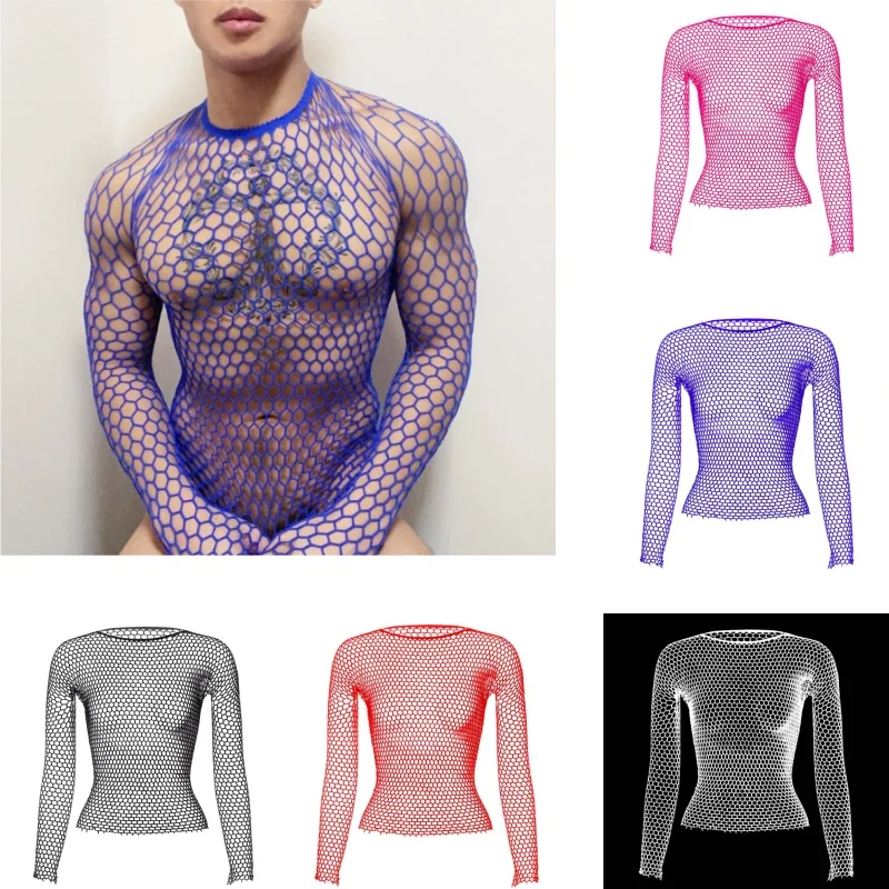 Women Mens Hollow Fishnet Mesh Tops Sexy Transparent Skinny Hollow Out Long Sleeve Shirts Crop Top Breathable Singletss Shirt