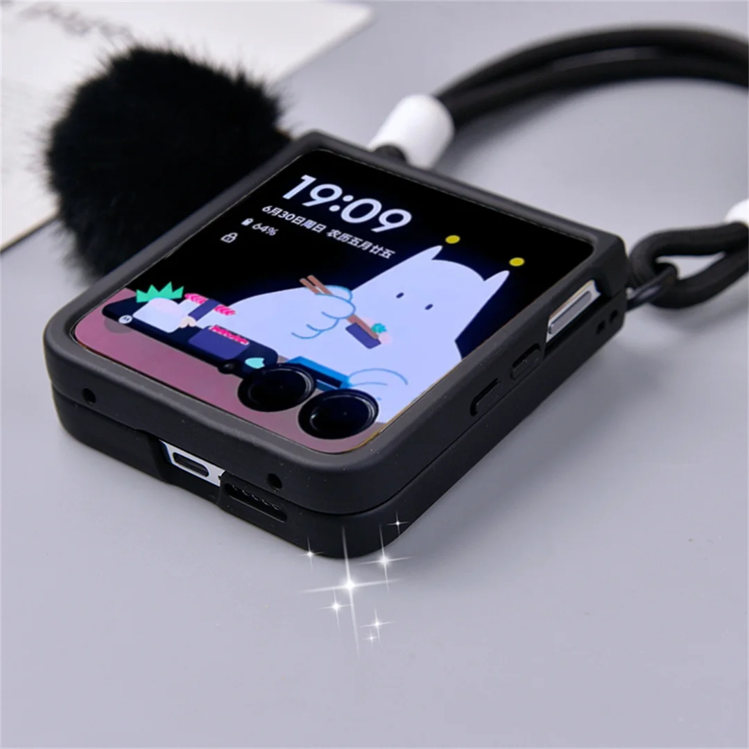Korean Cute Solid Color Black Plush Ball Portable Rope Phone Case Back Cover