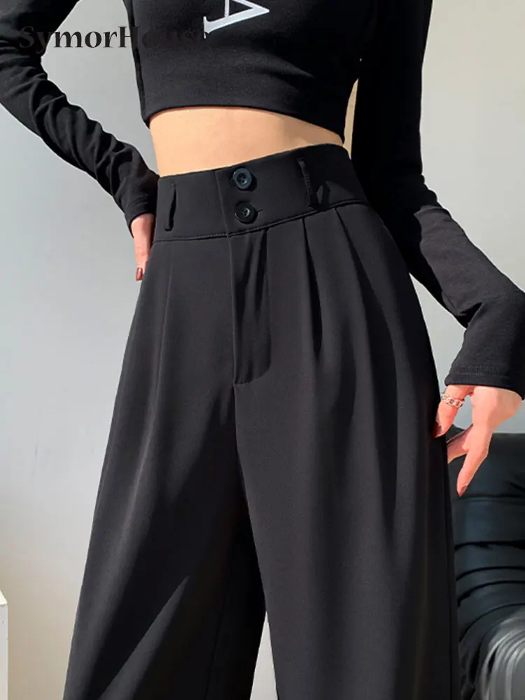 

Spring Summer Autumn Loose Black Wide Leg Pants Women Elegant High Waist Double Buckle Suit Straight Trousers Female Casual Pant