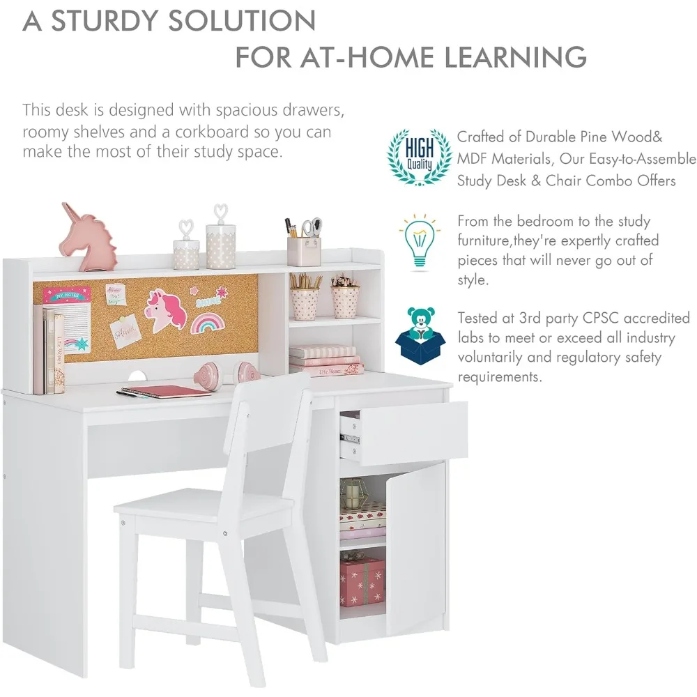 UTEX Kids Study Desk with Chair Kids Desk and Chair Sets with Hutch and Storage Cabinet Wooden Children Study Table