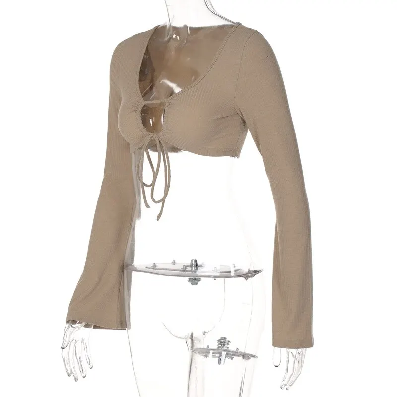 

Fashion Elegant Sexy Tie Up Cropped Women Tops Summer Outfits Long Sleeve Cut Out T-Shirts Tee Skinny Club Clothes