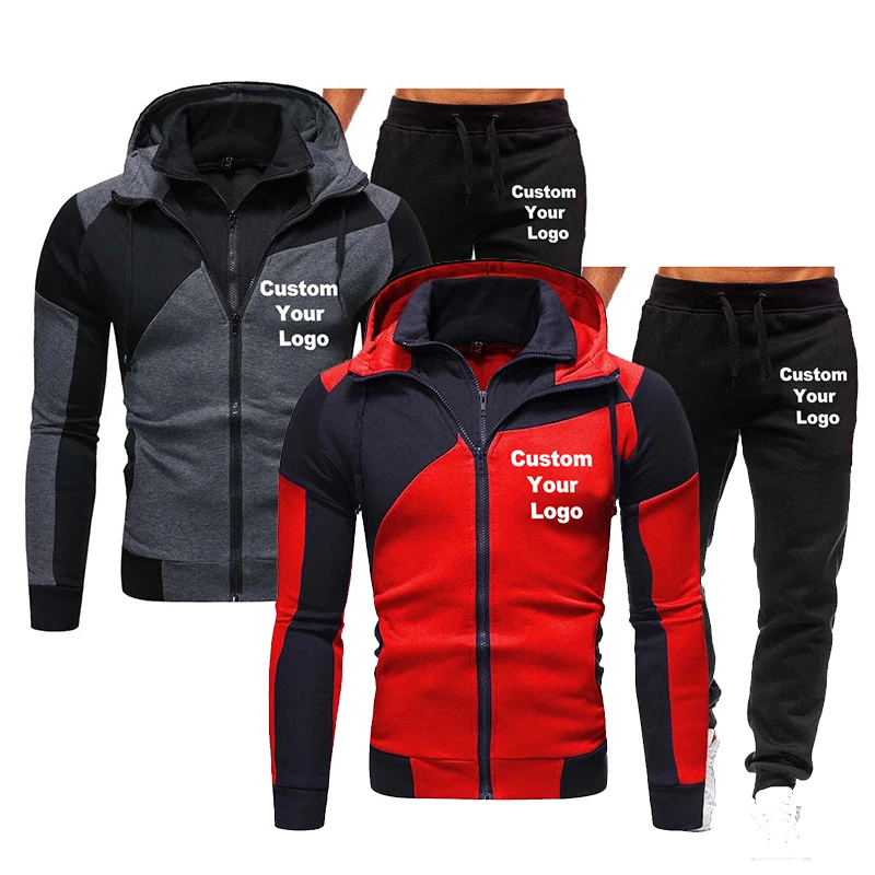 New Custom Logo Spring Autumn Men's Set Sport Suit Male Velour Thick Hoodies+ Pants Sweatshirt Sportswear Tracksuit for Men