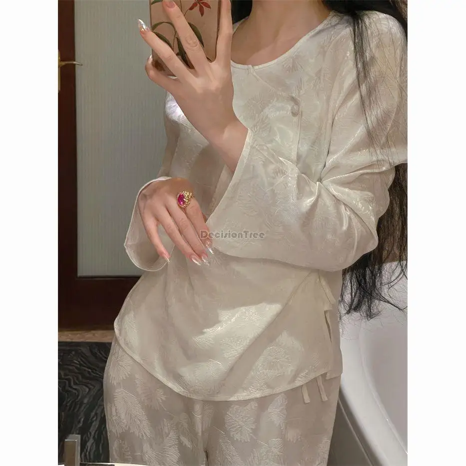 

2023 chinese improved ancient ice silk pajamas women spring and autumn long sleeve new chinese style retro home dress set s314