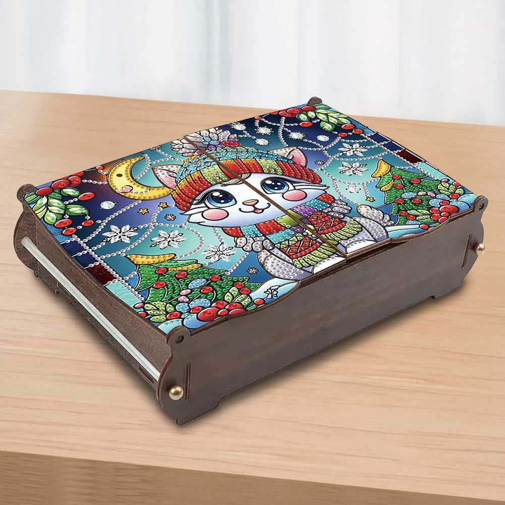 Wooden Rhinestones Decorative Storage Box DIY Diamond Painting Colored Pattern Wood Case Crystal Storage Case Kit for Home Decor