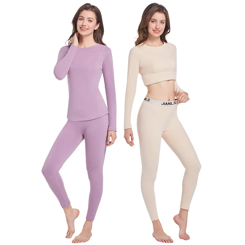 2-piece Autumn/Winter Women's Solid Color Simple Warm Underwear Set Comfortable Round Neck Long Sleeve Elastic Waist Pants Large