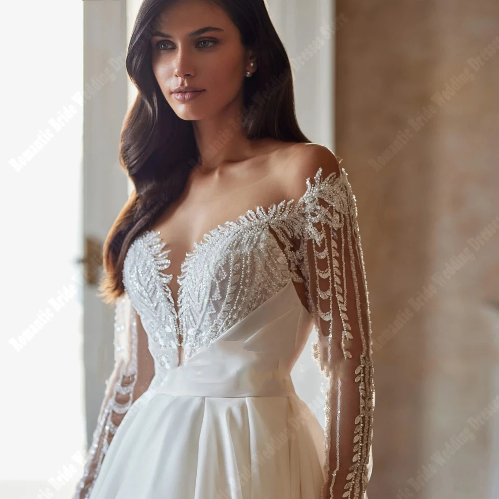 Elegant V-Neck Wedding Dresse For Women Satin Surface Backless A-Line Bride Gowns Mopping Length robe de mariage luxe Customized 3