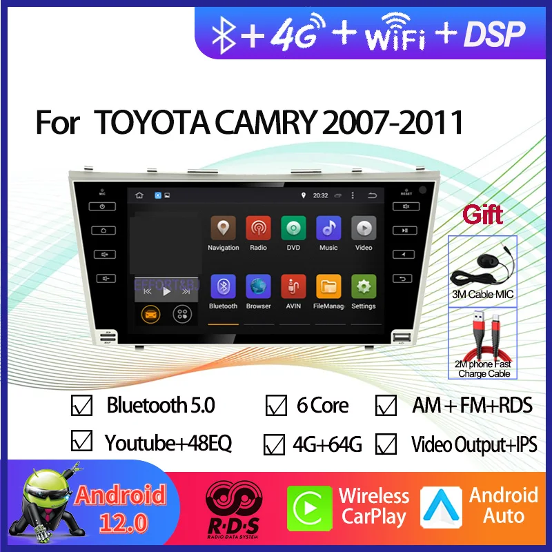 

Android 12 Car GPS Navigation Multimedia DVD Player For TOYOTA CAMRY 2007-2011 Auto Radio Stereo With BT WiFi Mirror Link