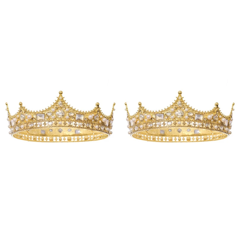 

2X King Crown For Men Costume Accessory Prom Tiara Baroque Vintage Crystal Pearl Bridal Wedding Tiaras(Gold)