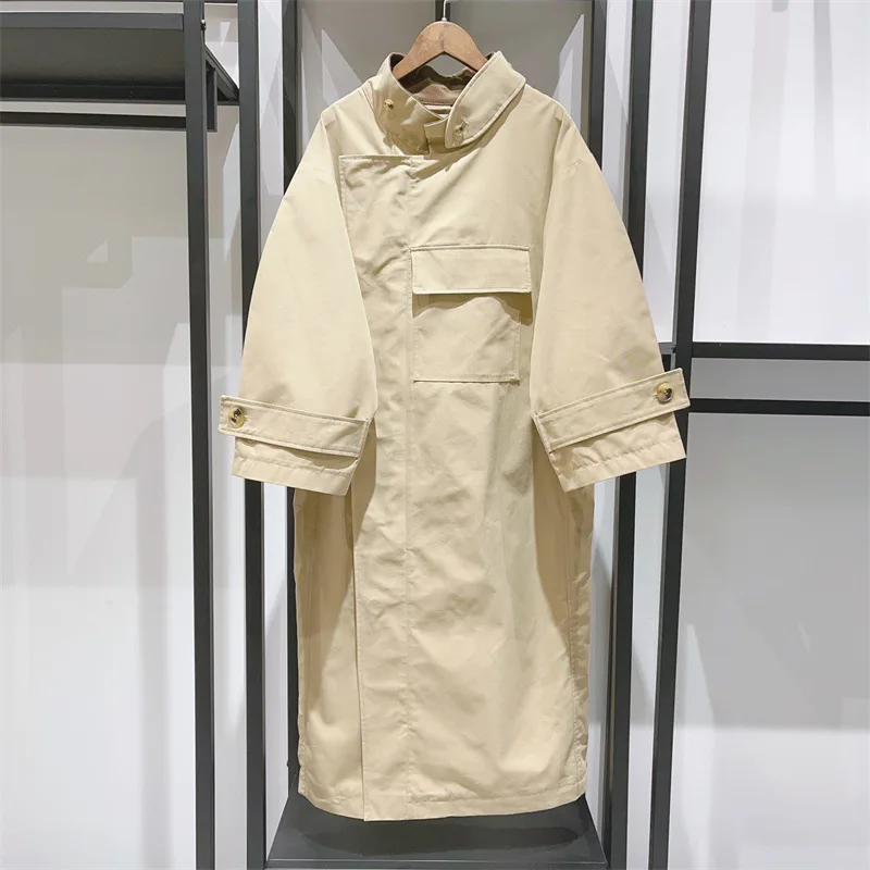 

Women's Long Windbreaker Solid Standing Collar Zipper Pocket Autumn New Ladies OL Loose Cotton Coat