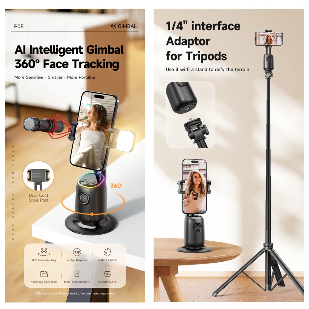 AI Smart Gimbal 360&deg; Auto Follow-Up Face Tracking Gimbal All-in-one Phone Holder For smartphone video Live Stabilizer Tripod