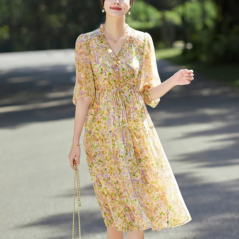 

2024 Summer Women's 100% Real Silk Dress V-neck Elegant Fashion Dresses For Women Drawstring Print Vintage Woman Long Dress