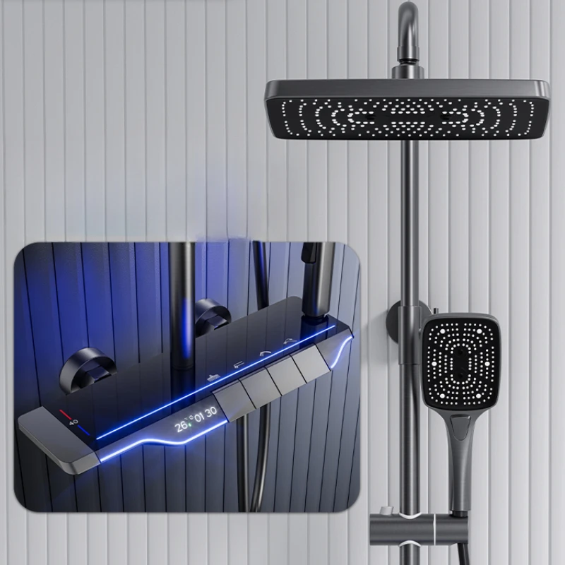 

Piano key atmosphere light, all copper constant temperature digital display shower set, gun gray bathroom shower faucet