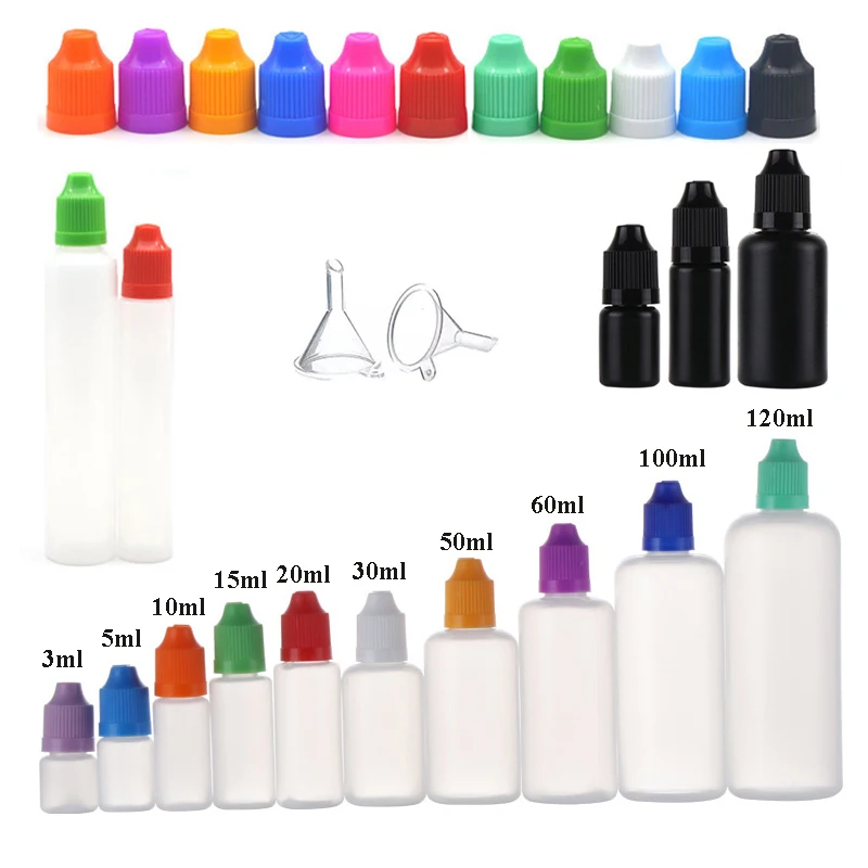 50Pcs Empty E Liquid Bottles 5ml 10ml 15ml 20ml 30ml 50ml 100ml 120ml PE Plastic Dropper Vials With Childproof Caps And Funnels