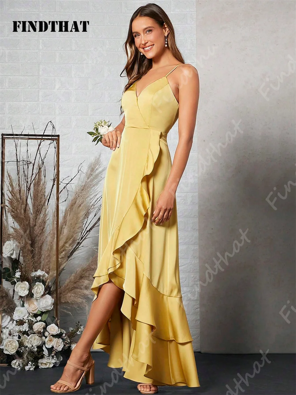 Findthat Elegant V-Neck Spaghetti-Straps Ruffles Trim Bridesmaid Dress Wedding Evening Formal Gowns Vestidos De Fiesta