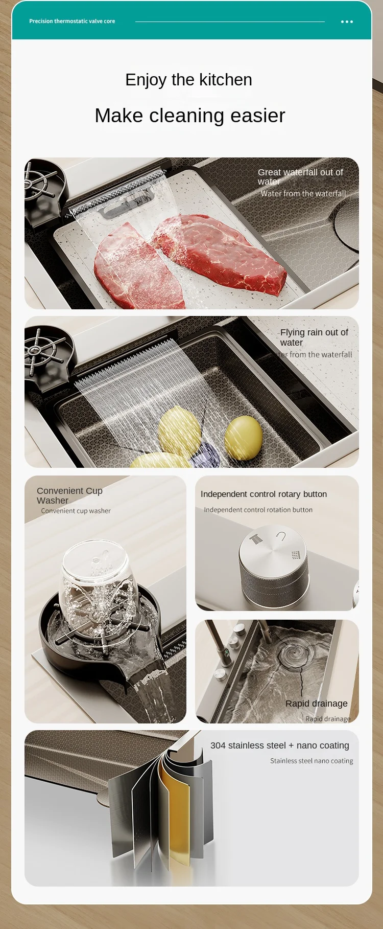 Waterfall Digital Display Kitchen Sink, Honeycomb Embossed Sink, Large Single Slot, Nano 304 Stainless Steel