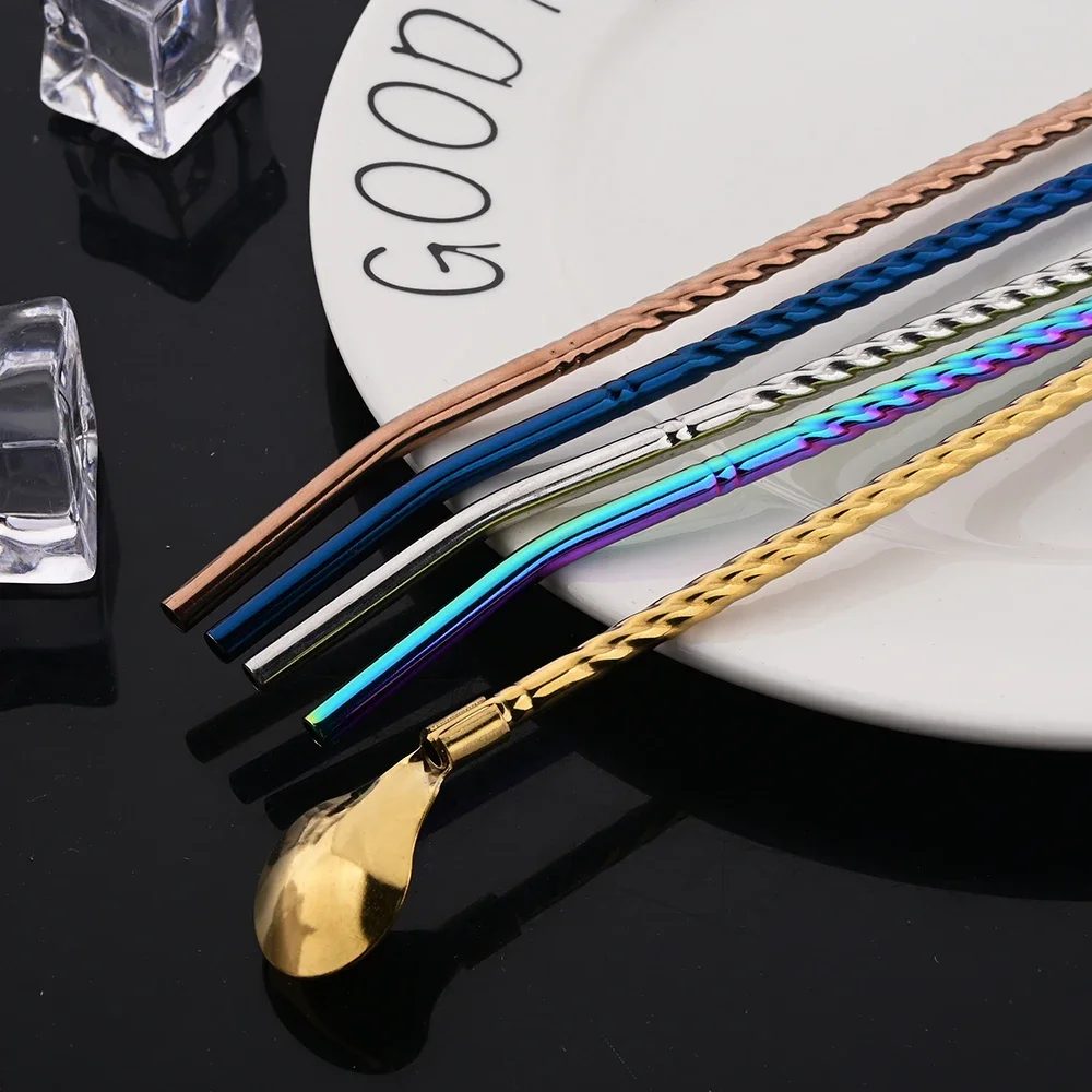 10Pcs Reusable Straw Spoon Stainless Steel Metal Colorful Straw Cocktail Drinking Spoon Milk Bar Coffee Stirring Accessory Drinking Straws Metal Straw Set Cocktail Accessories Straw Accessories Straw Cleaner Brush