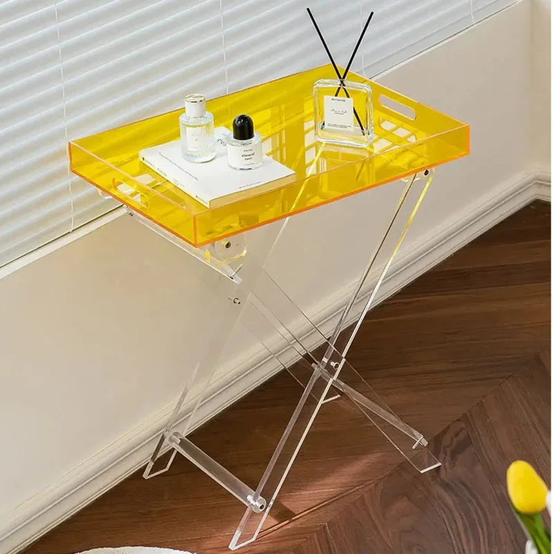 Nordic home decoration transparent acrylic folding sofa side table small portable square coffee table storage rack