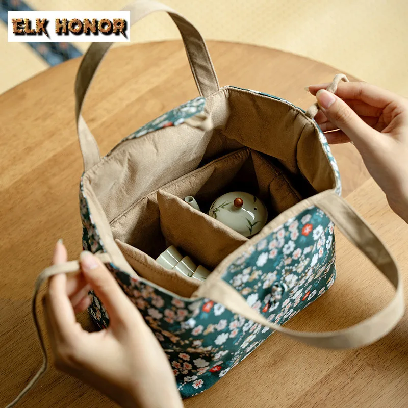 Exquisite Floral Fabric Tea Bag Portable Travel Storage Handbag Teaware Anti Knock Cup Bag Set 1 Pot 4 Cups Storage 3 Colors