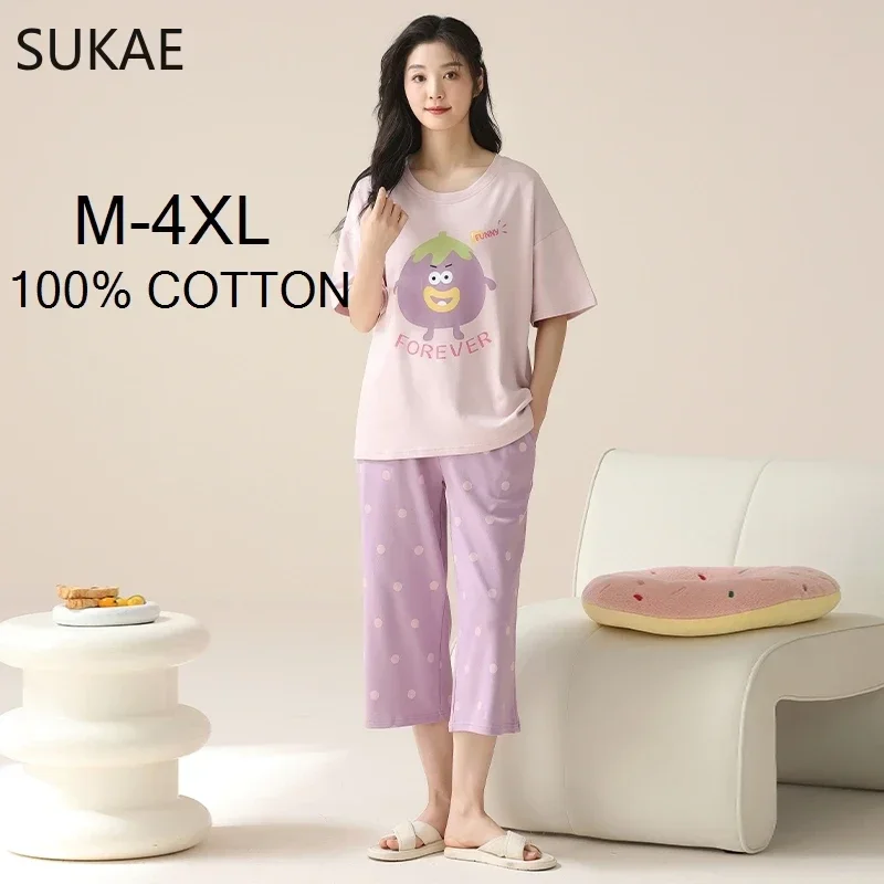 Women Pajamas Set Cotton M-4XL Summer Sleepwear Short Knee-length Pants Nightwear Capris Loungewear Cartoon Pijama women pajamas set women pajama suit cotton pajamas set