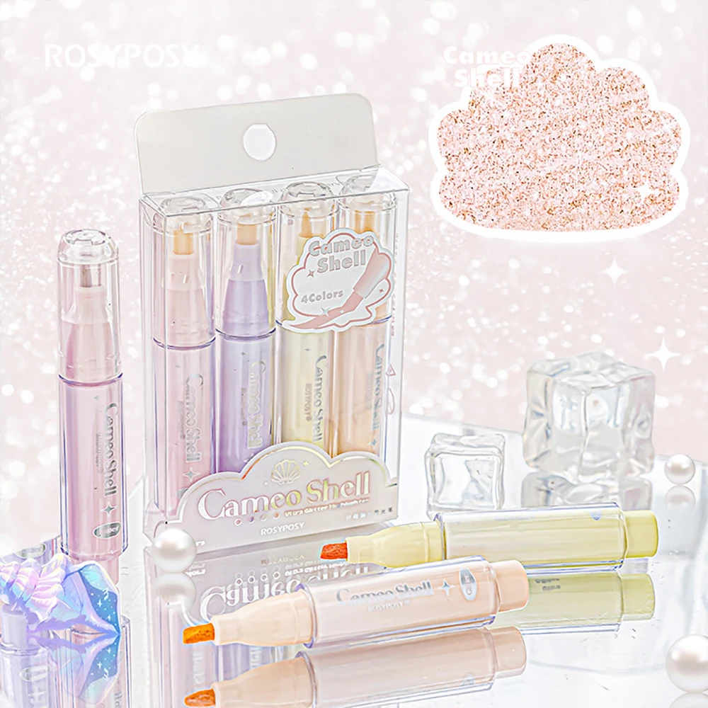 4Pcs Glitter Highlighter Markers - Clear Shiny Sparkle Finish - Cute Cameo Shell Design - Kawaii Stationery for Girls