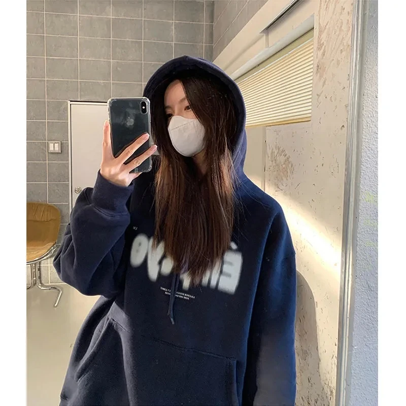 

Женская одежда, белая мешковатая флисовая версия средней длины, винтажный свитшот с карманами и буквенным принтом, Свободный Повседневный капюшон с рукавами реглан