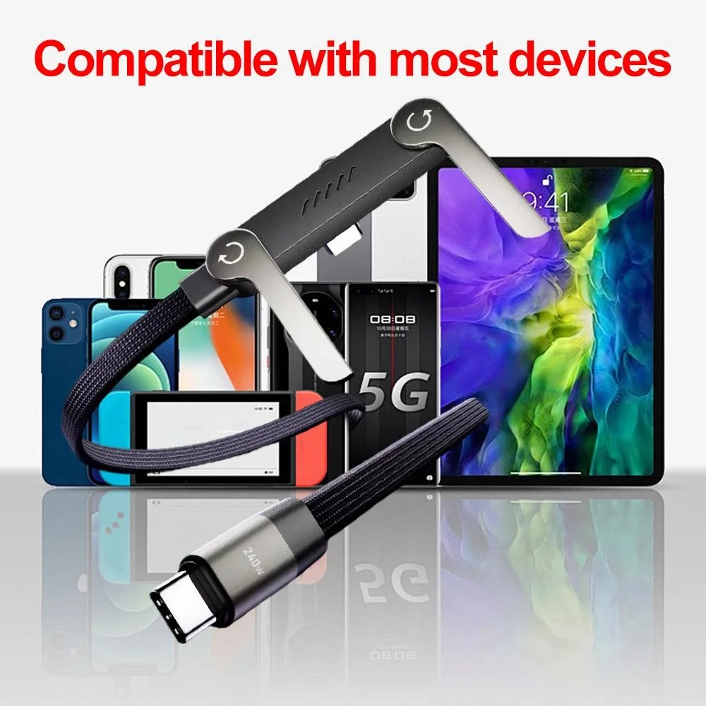 1m/1.5m/2m 240W 고속 충전 90 °   엘보우 데이터 케이블 타입 C to 타입 C 케이블 접이식 스탠드 폰 홀더 코드 (아이폰, 삼성용)