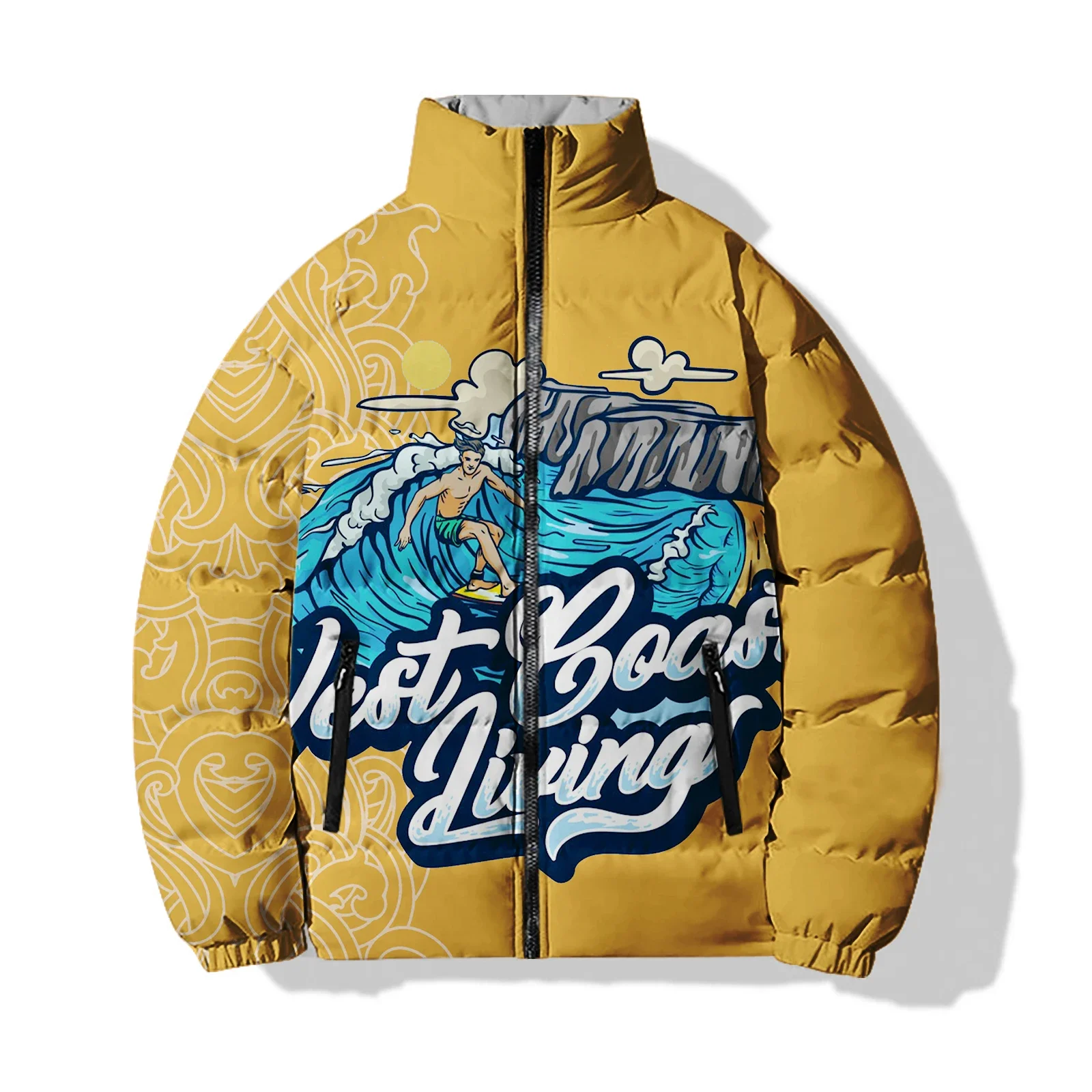 thumbnail image 1 of Abrigo de invierno para hombre, chaqueta de algodón con estampado de puesta de sol en la playa y cocoteros, chaqueta de estilo holgado a la moda, ropa para hombre, chaquetas, abrigos, 1 of 4
