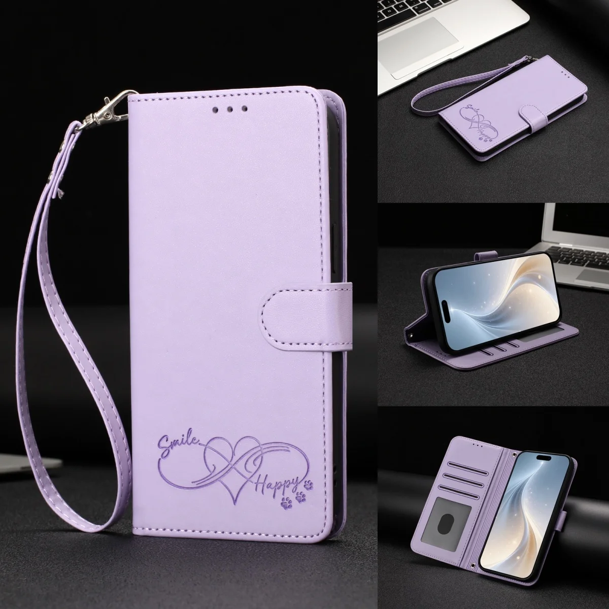 Leather Stand Wallet Phone Case with Card Holder and Strap