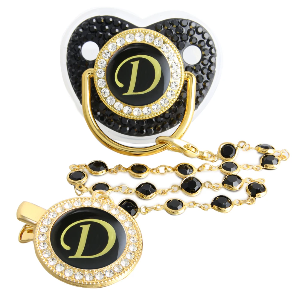 26 Letters Bling Black Baby Pacifier with Gem Bead Chain Gem Clip /Teether Toy 3