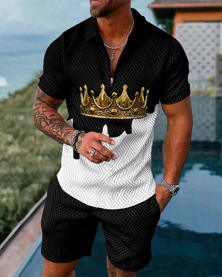 Men's Summer New Sports Suit Casual Summer Short Sleeve Polo Shirt Shorts Suit Two-piece Men's Geometric Printed Clothing Men's