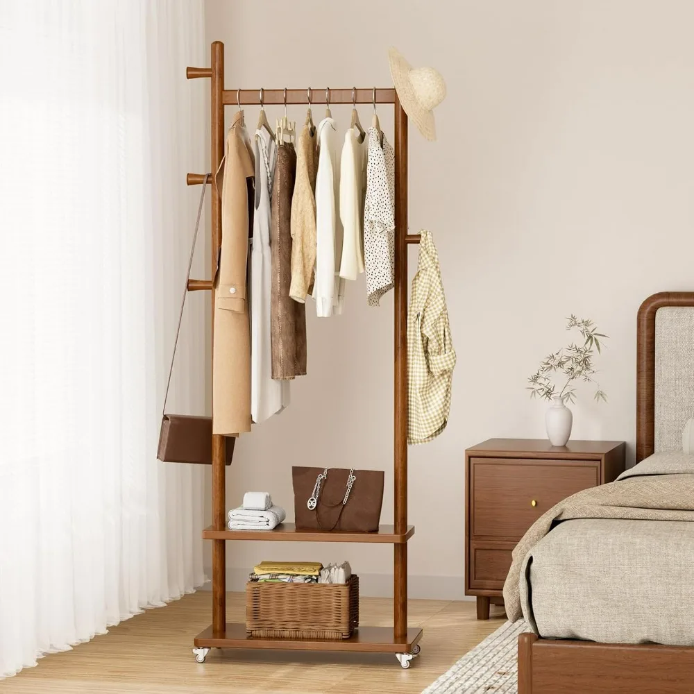 Freestanding Wooden Coat Rack with Wheels, 2 Shelves, and 5 Hooks for Storage and Hat Display