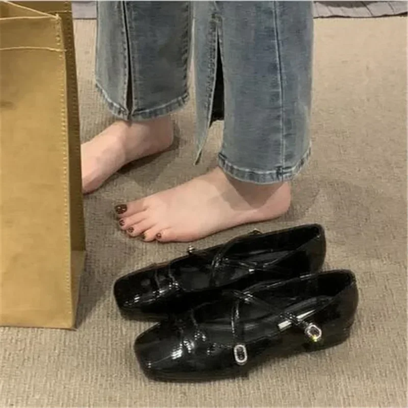 Spring Square Toe Ballet Shoes Fashion Low Heel Mary Jane Shoes Casaul Silver Cross Buckle Shallow Soft Sole Shoes