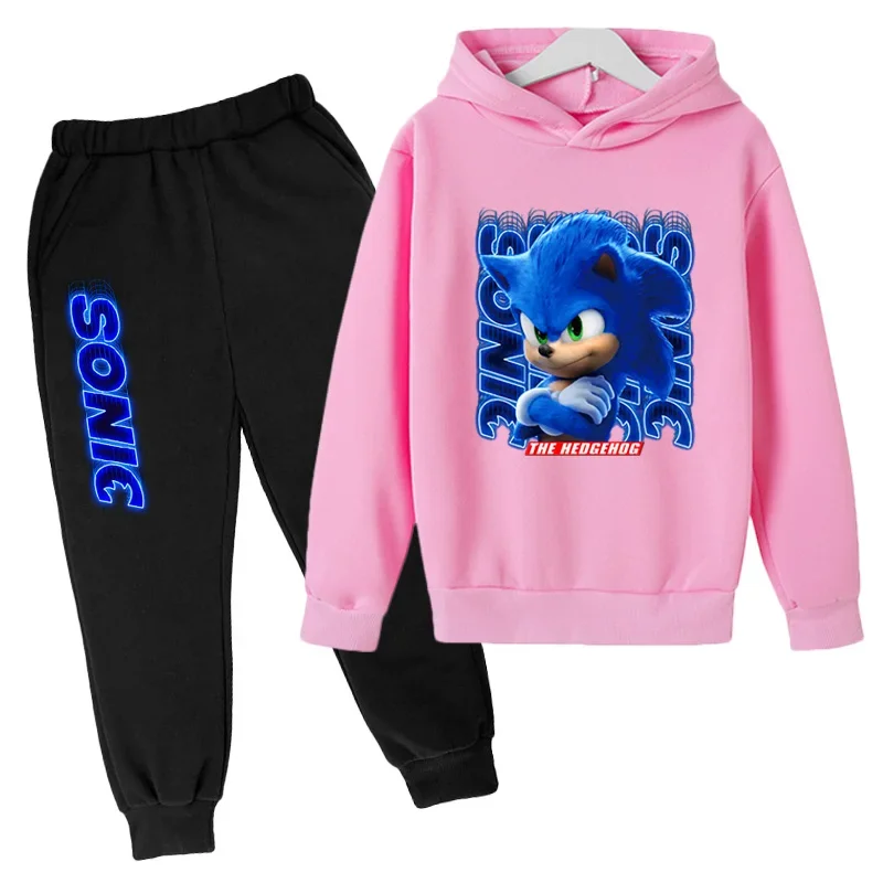 thumbnail image 1 of Conjuntos de ropa para bebés y niñas de Sonic, sudaderas con capucha y pantalones de Sonic, conjunto de 2 piezas, traje de cumpleaños de 4 a 14 años, chándales para niños, 1 of 5