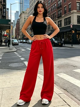Women's Casual Comfortable Solid Color Vest Top And Wide Leg Pants Set Square Neck Hanging Neck Elastic Waist Strap Outfit