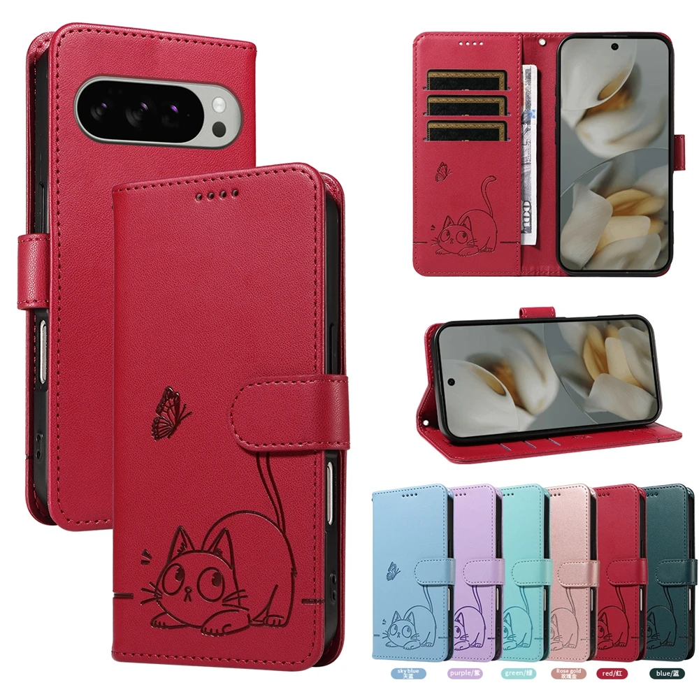 Deluxe Magnetic Leather Flip Wallet Phone Case with Card Slots and Stand - Cute Cat Design