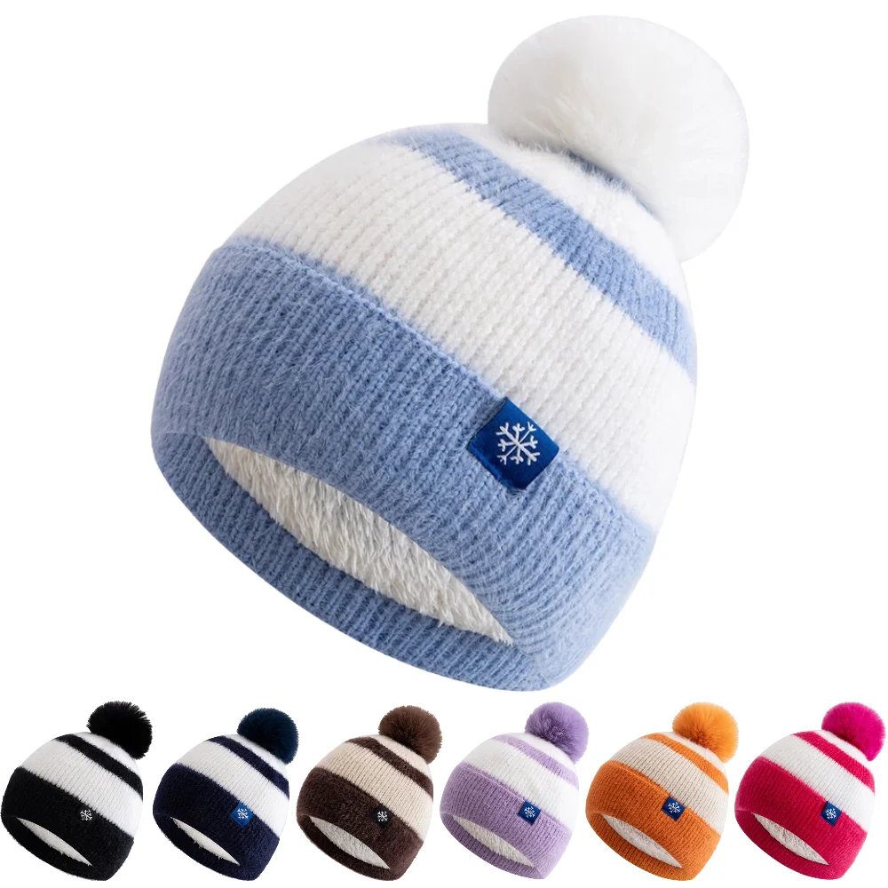 Neue Stil Schnee Label Beanie Hut Farbe Blockiert Stil Plüsch Fell Gefüttert Pompoms Warme Winter Hut Mode Y2k Beanie Für Frau Mädchen – Detail 2