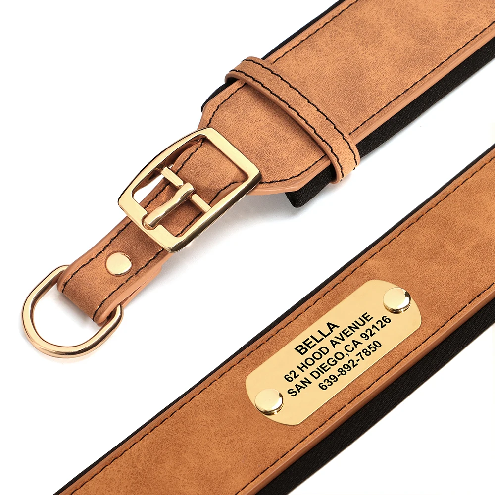 Dog Collar Pet Collar Customized Engraved Wide Leather Soft Padded For Medium Large Dogs Free Engraving