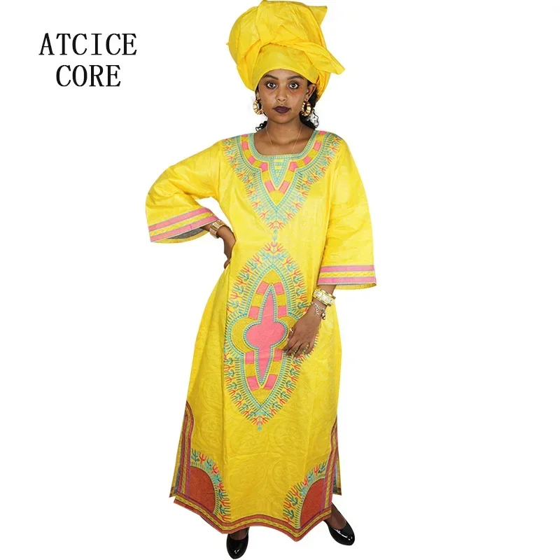 African Dresses For Women African Fabric Bazin Riche Embroidery Design Dress Long Dress With Headtie African Clothes