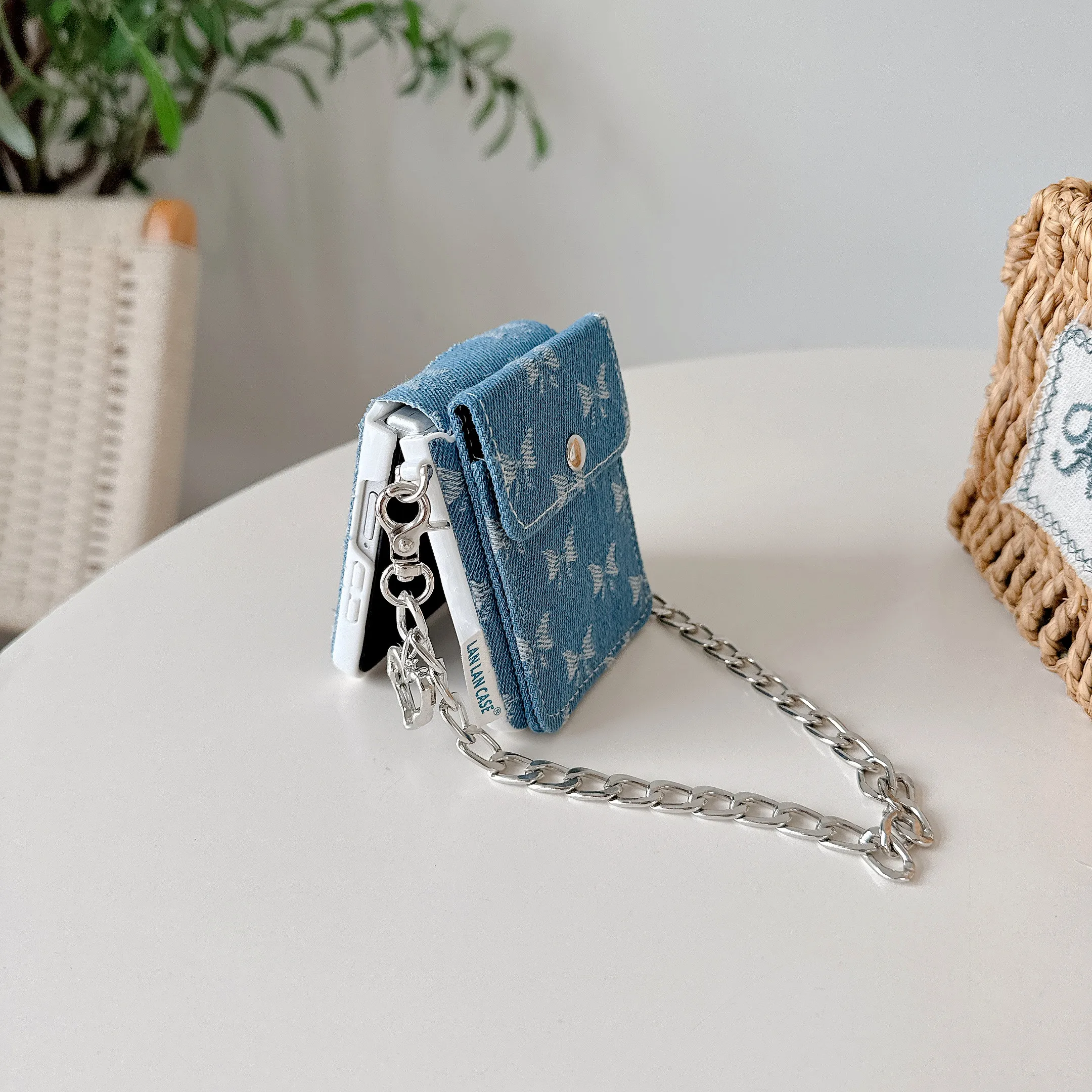 Kawaii Bow Knot Denim Phone Case with Card Holder and Lanyard