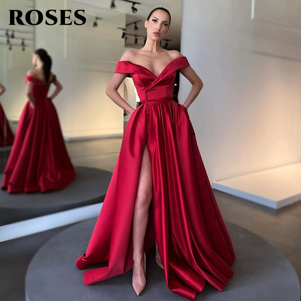 

ROSES Burgundy A Line Evening Dress Long Party Gowns Elegant Satin Prom Dresses Button High Slit Formal Christmas Robe De Soiree