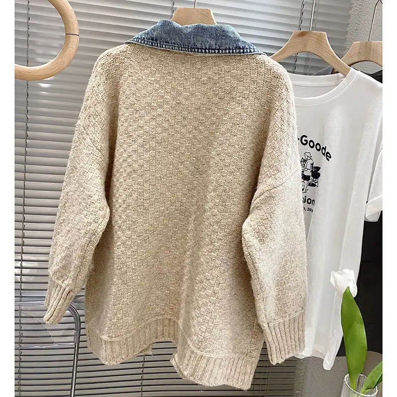2023 New Autumn Winter Women Splicing Denim Jacket Women Long Sleeve Jean Jackets Female Loose Sweater Cardigan Jacket 6