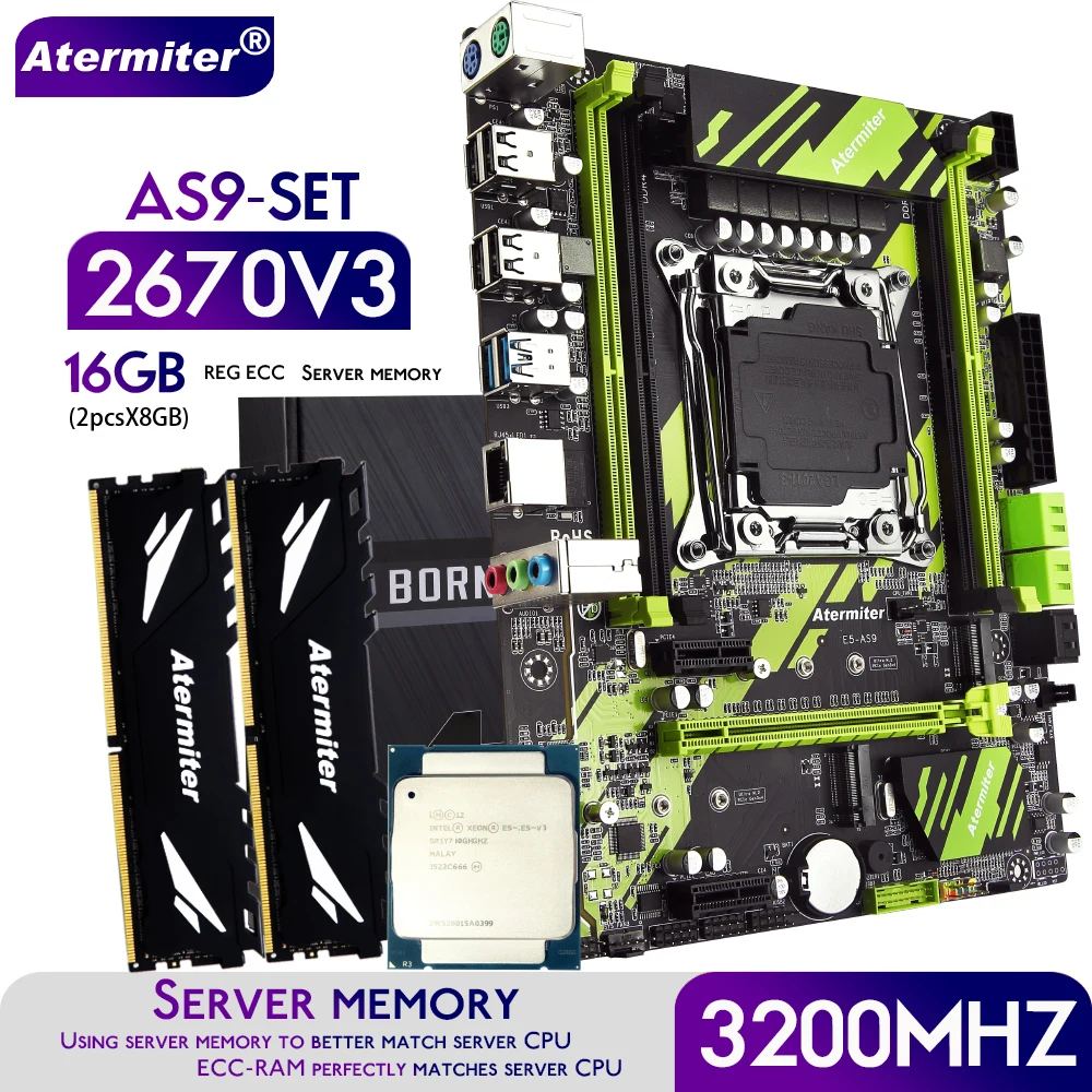 Atermiter X99 AS9 Motherboard Kit Set with Xeon E5 2670 V3 CPU LGA2011-3 Processor DDR4 16GB  2 X 8GB 3200MHz Memory REG ECC RAM