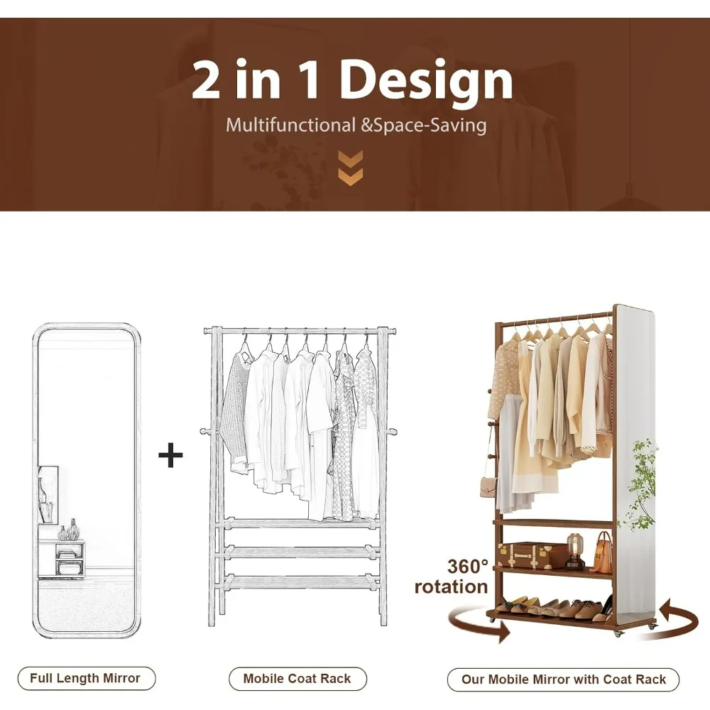 Solid Wood 70 x 40 Full Length Standing Mirror with Brake Wheels for Clothes Rack